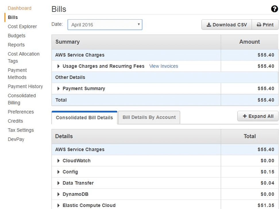 AWS-billing-navigation-panel