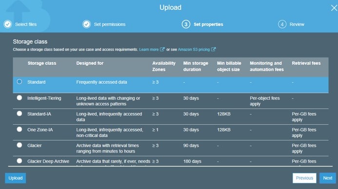 upload files and folders to s3 bucket - storage class