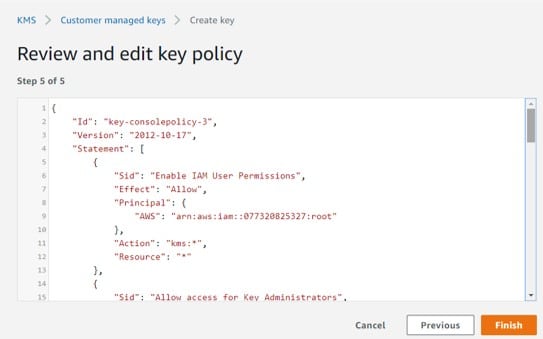Create CMKs in Custom Key Store - review and edit key policy
