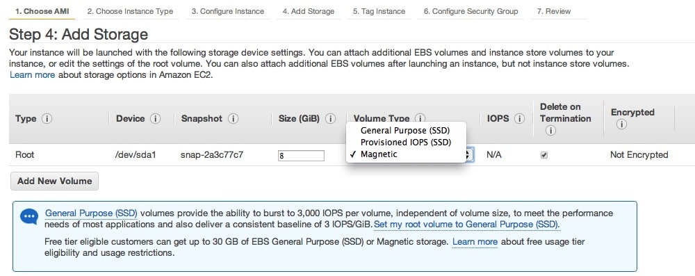 EC2 Launch Instance Wizard - adding storage