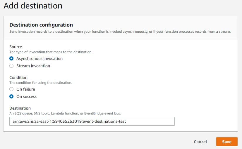 AWS Lambda Destinations - add destination