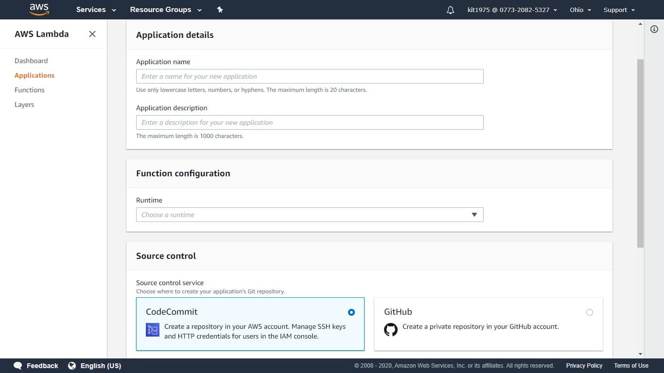 aws lambda console - application details