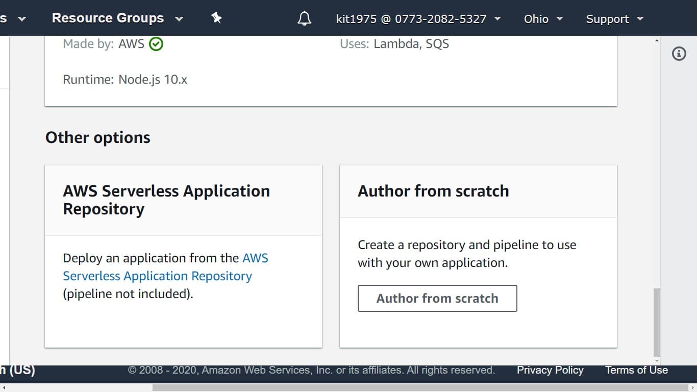 aws lambda console - author from scratch