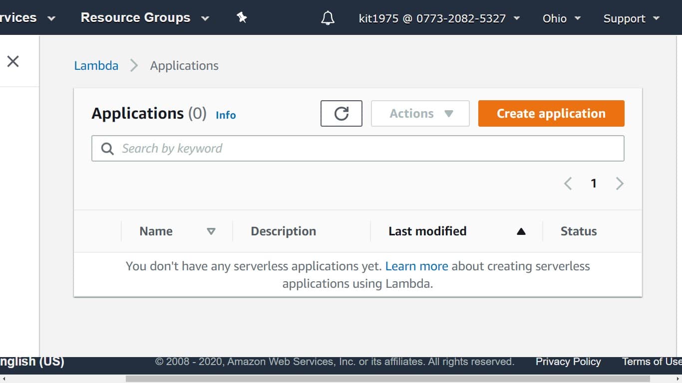 aws lambda console - create application