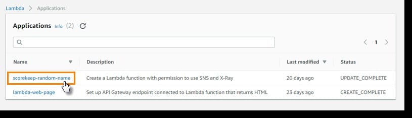 aws lambda console - select an app