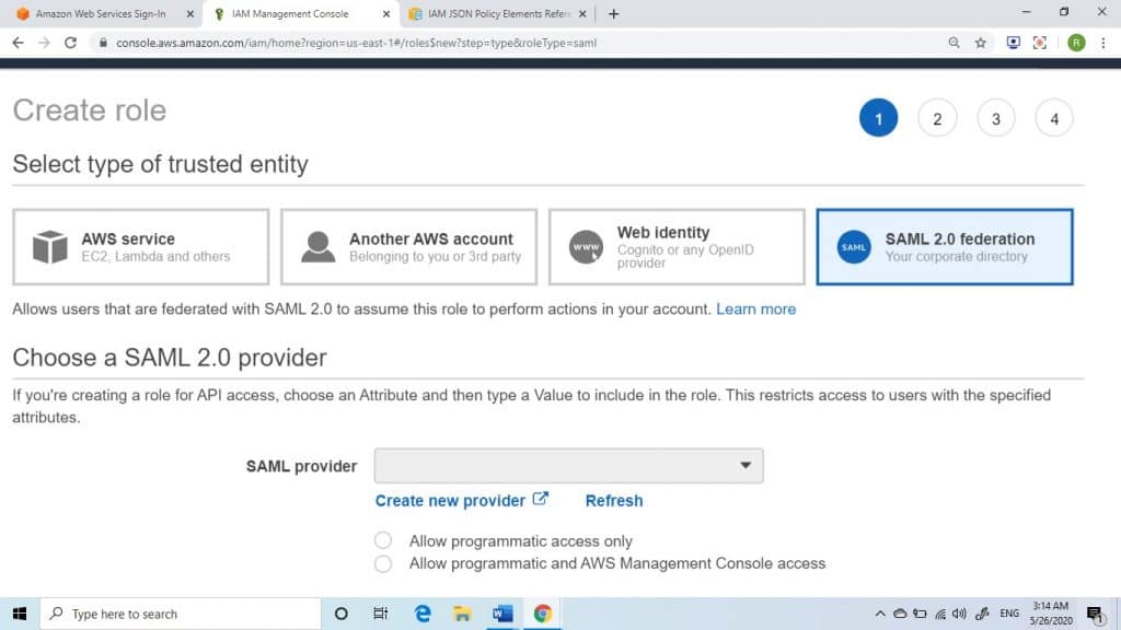 Role Creation for SAML 2.0 - SAML provider