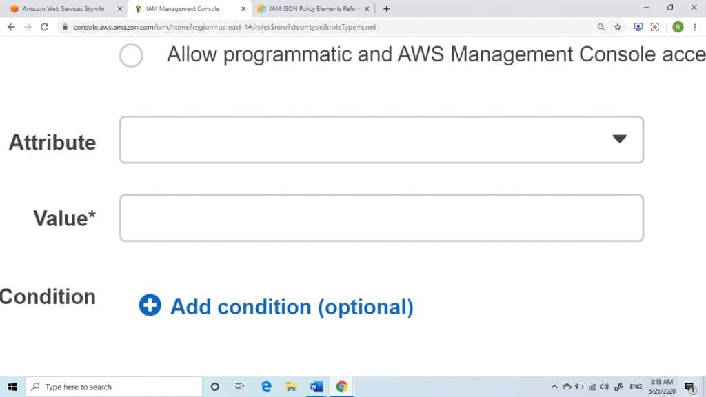 Role Creation for SAML 2.0 - add condition