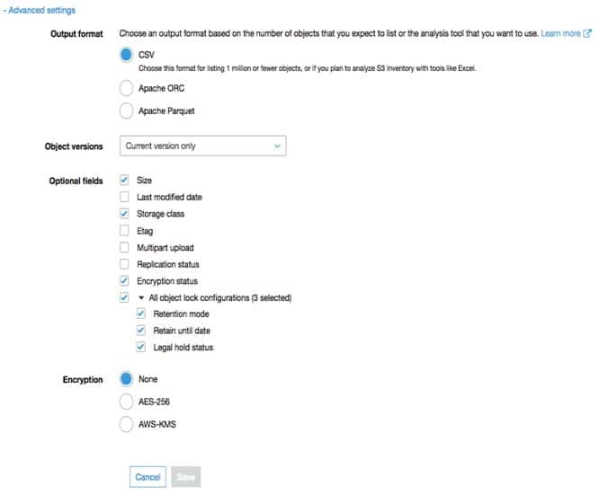 S3 Inventory Configuration - advanced settings