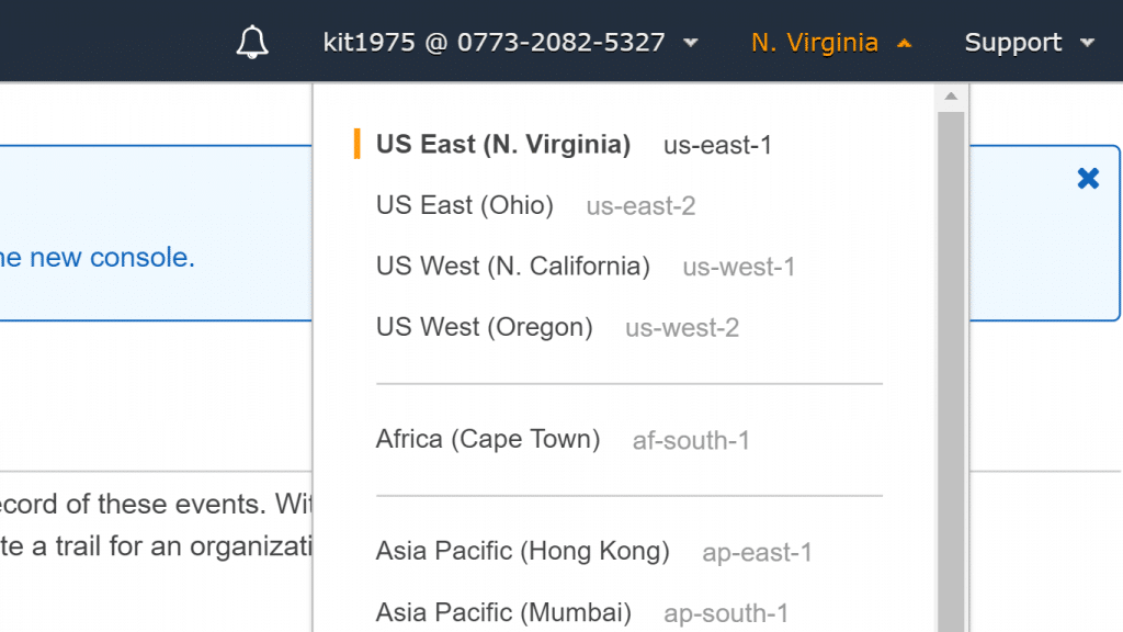 AWS CloudTrail Create Trail - Trail Region Selector