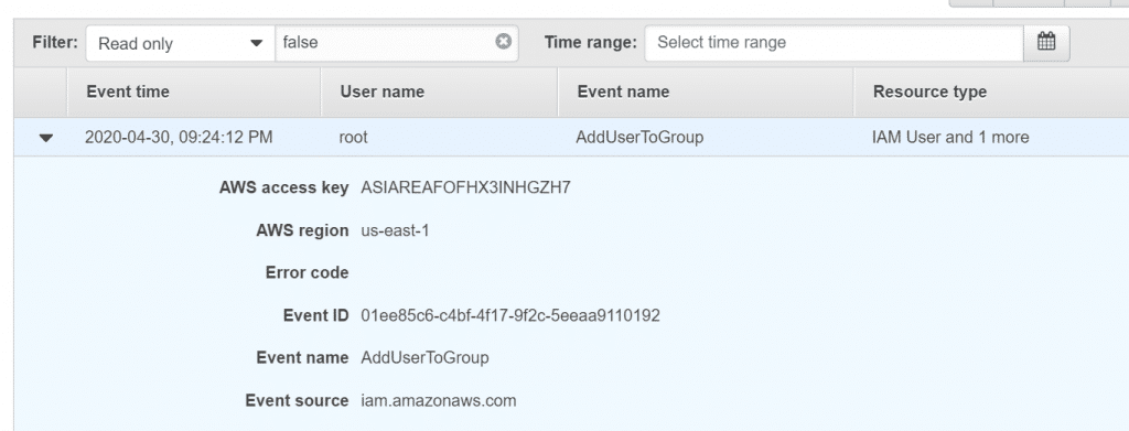 AWS CloudTrail Manage Your Events - Check Event Details