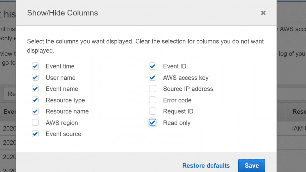 AWS CloudTrail View Events in Console - Attribute Filters for Event History