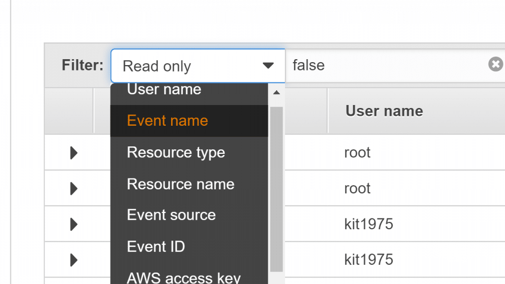 AWS CloudTrail View Events in Console - Select Attribute Filters for Event History