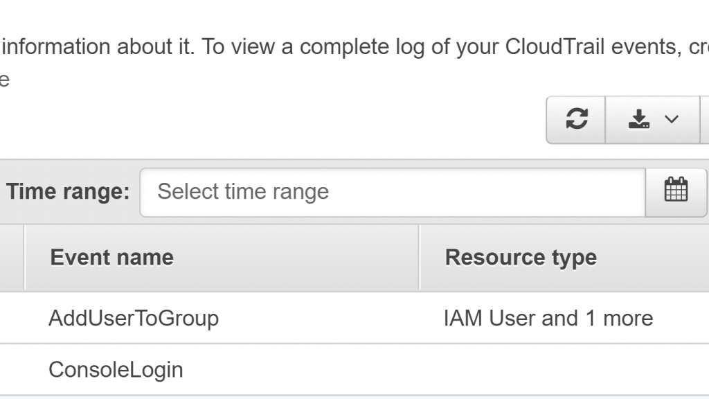 AWS CloudTrail View Events in Console - Select Time Range