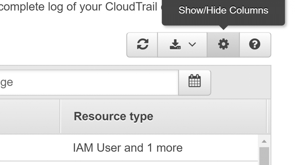 AWS CloudTrail View Events in Console - Show,Hide Columns for Event History