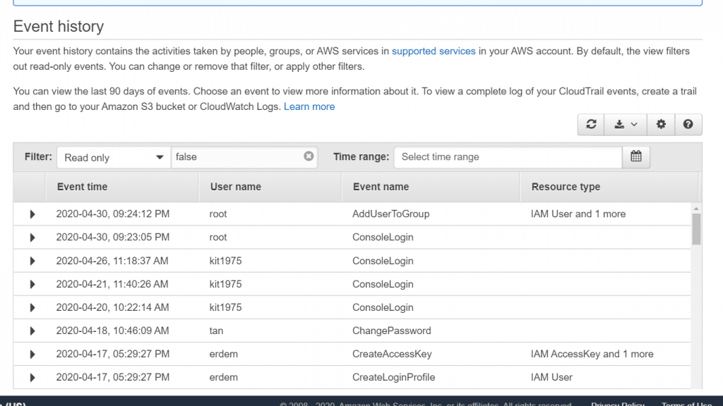 AWS CloudTrail View Events in Console - View Event History