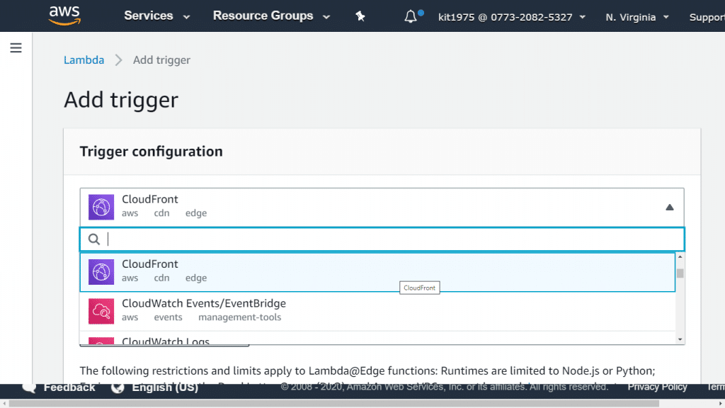 AWS Lambda Trigger - Select CloudFront as Trigger Configuration