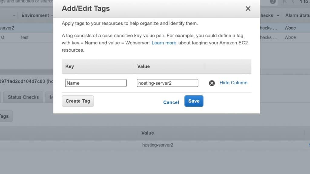 AWS Tagging - Click on Delete icon to delete a Tag