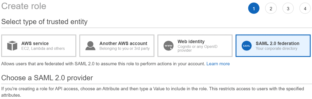 Role Creation for SAML 2.0 Federation (Console) - Choose a SAML 2.0 Provider