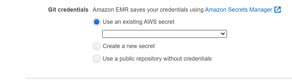 AWS EMR Add Git Repository - Select Git Credentials