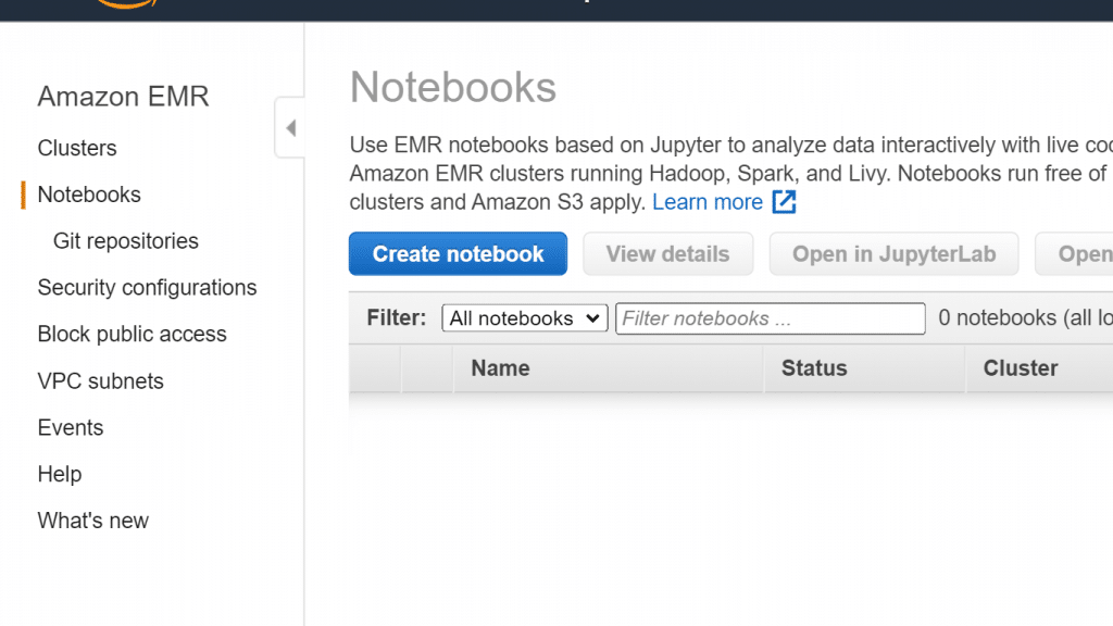 AWS EMR Create a Notebook - EMR Console Notebooks section