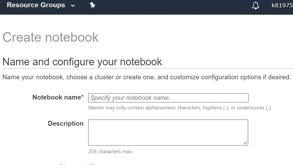 AWS EMR Create a Notebook - EMR Notebook name and description