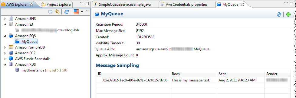 AWS Java Application - AWS Explorer MyQueue