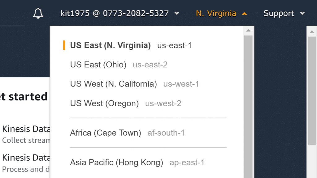 AWS Kinesis Create a Data Stream - Region Selector