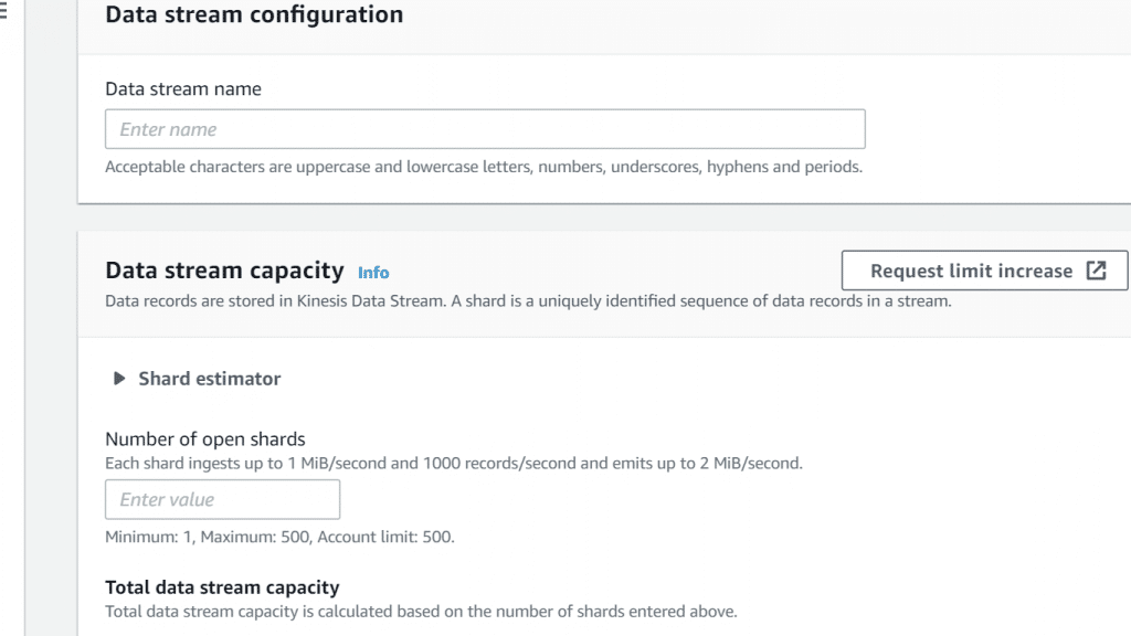 AWS Kinesis Create a Data Stream - Stream name and number of shards