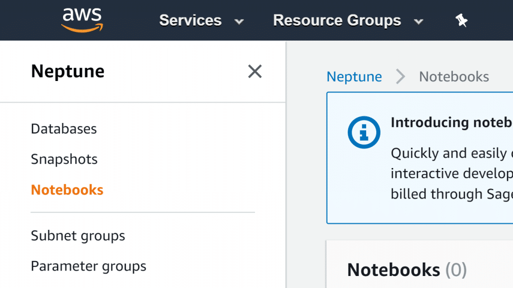 AWS Neptune Create a Notebook - Notebooks navigation pane