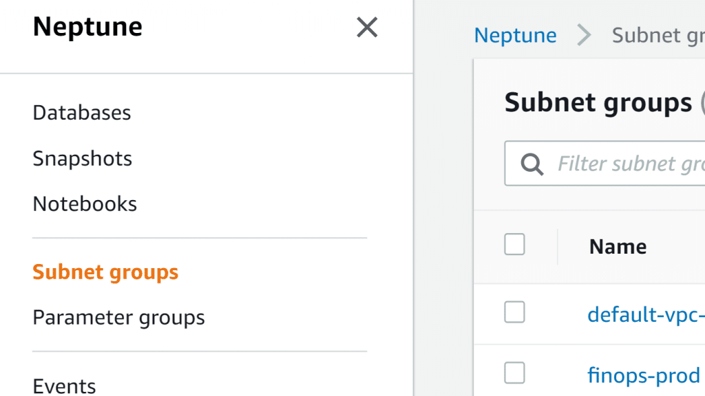 AWS Neptune Subnet Group - Neptune Console Subnet Group Section