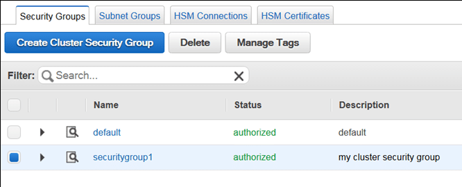 Manage Cluster Security Groups - Default Cluster Security Group
