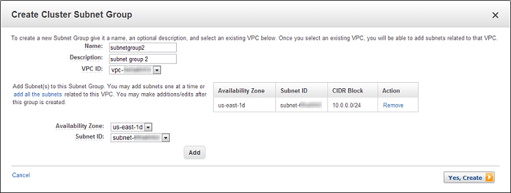 Manage Redshift Cluster Subnet Groups -1 Subnet added