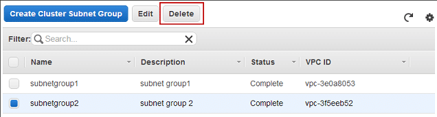 Manage Redshift Cluster Subnet Groups - Delete subnetgroup2
