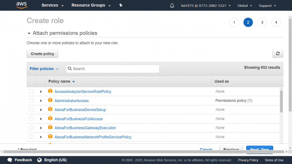 AWS CloudTrail Role - Type Permissions Policy Name