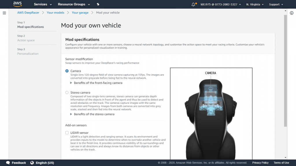 AWS DeepRacer Build New Vehicle - Camera and Sensor specifications