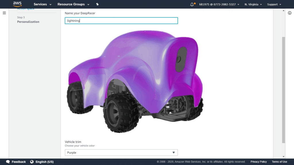AWS DeepRacer Build New Vehicle - Name and Color