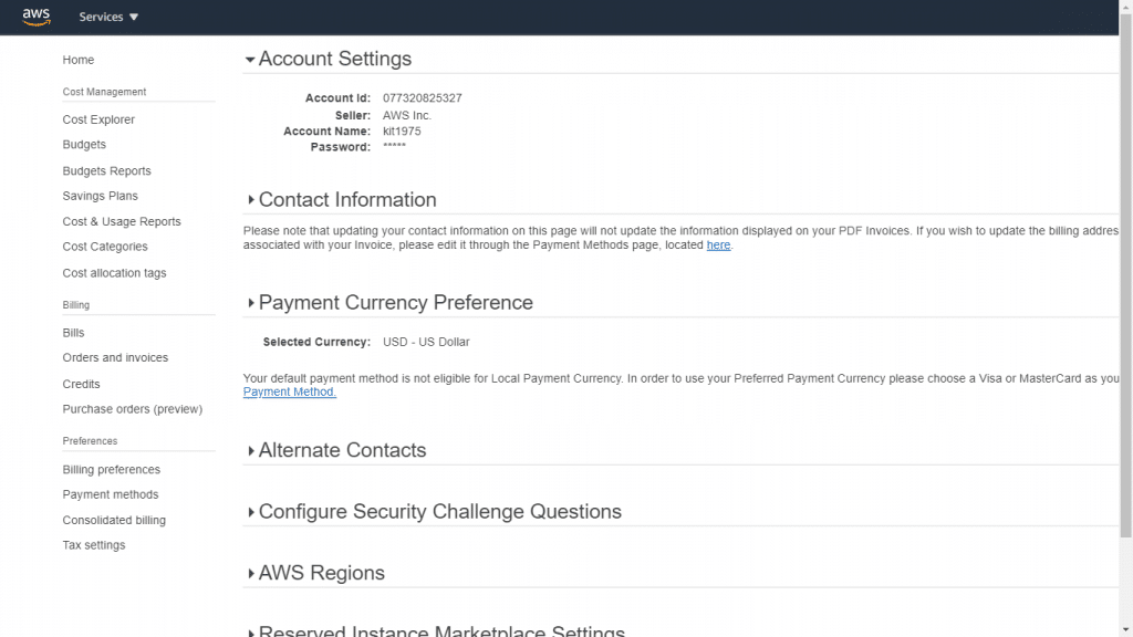 AWS Account Information - Account Settings