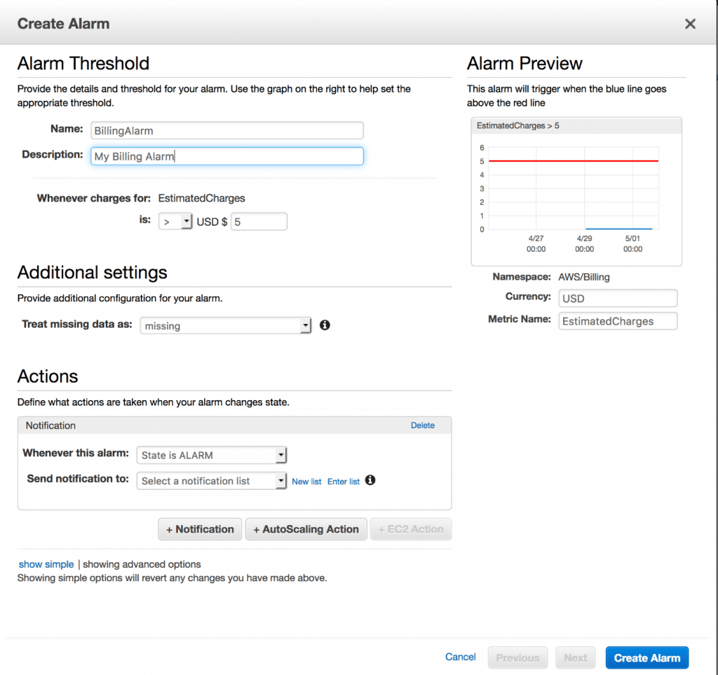 AWS Billing Alarms - Create Alarm