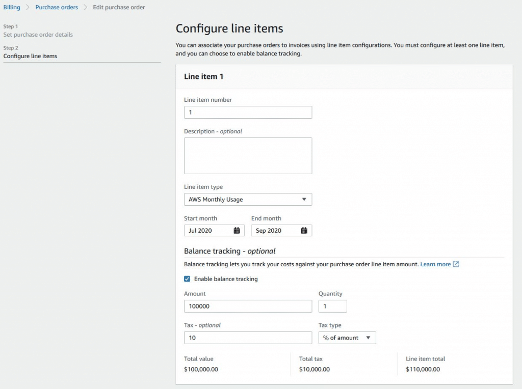 AWS Purchase Order - Configure Line Items
