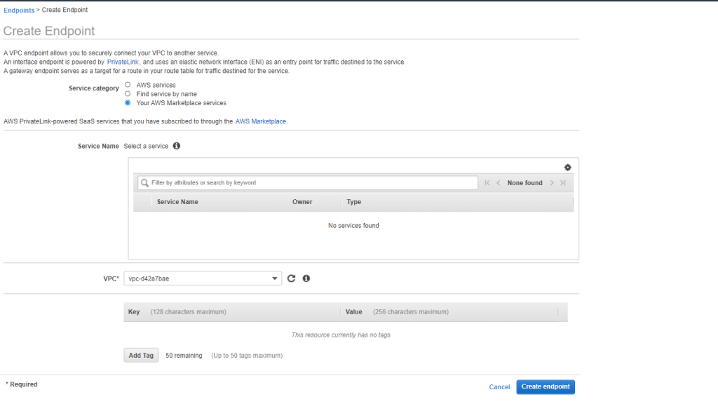 Create AWS Endpoints - Your AWS Marketplace services