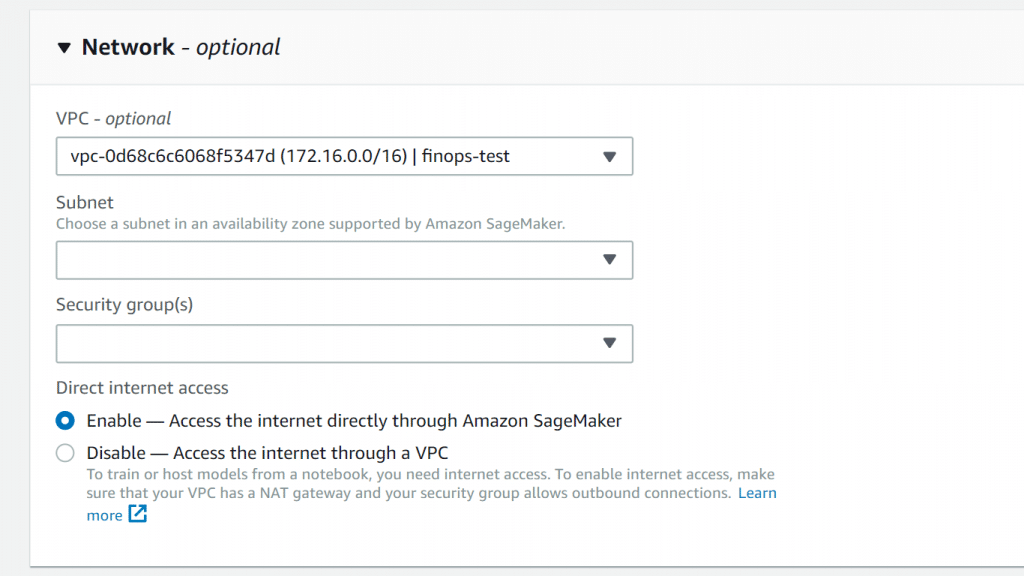 Create Notebook Instance - Notebook Instance Network Options