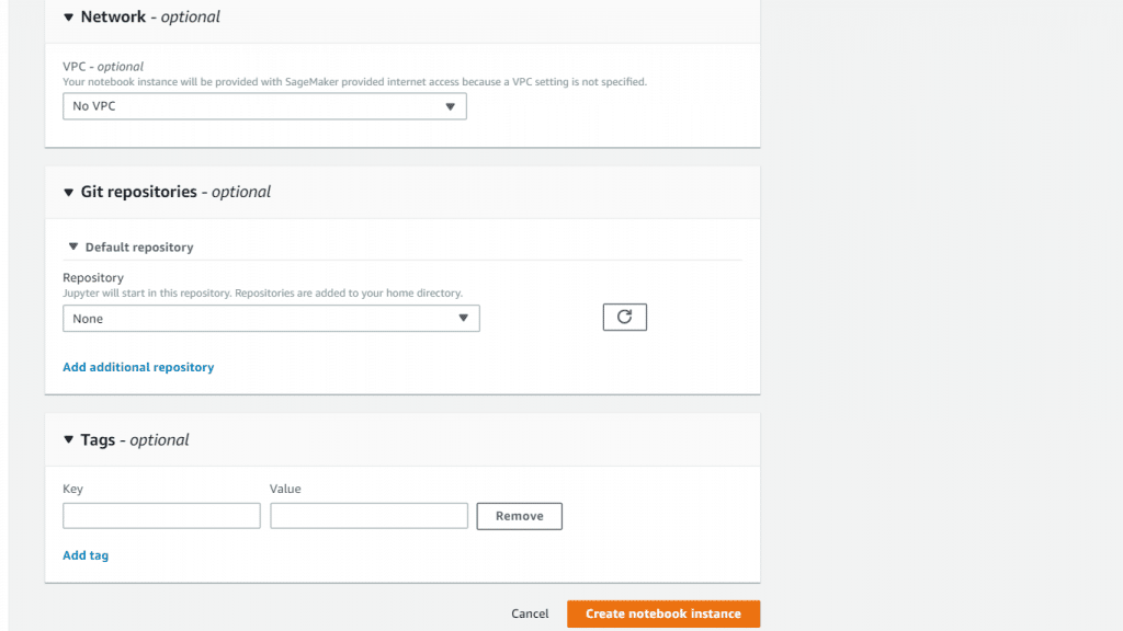 Create Notebook Instance - Notebook Instance Optional Settings