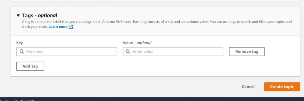 Create an SNS Topic - Add tags and Create
