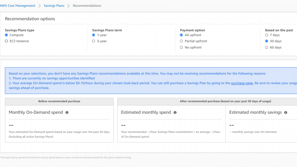 Purchasing Savings Plans - Recommendation Options