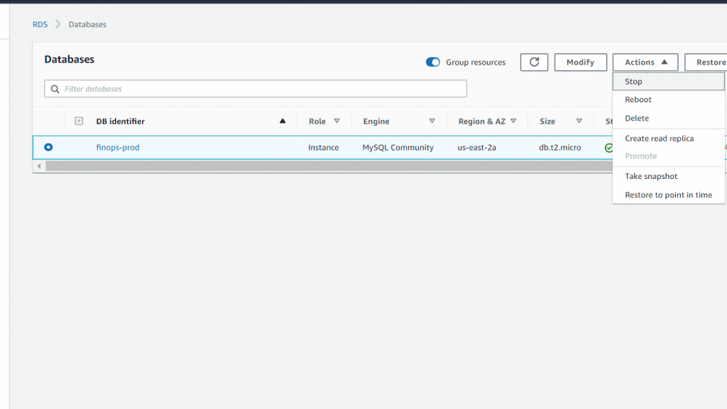 AWS RDS DB Instance - Stop