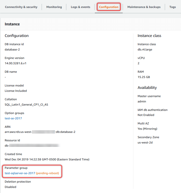 AWS RDS Parameter Group - Configuration Tab