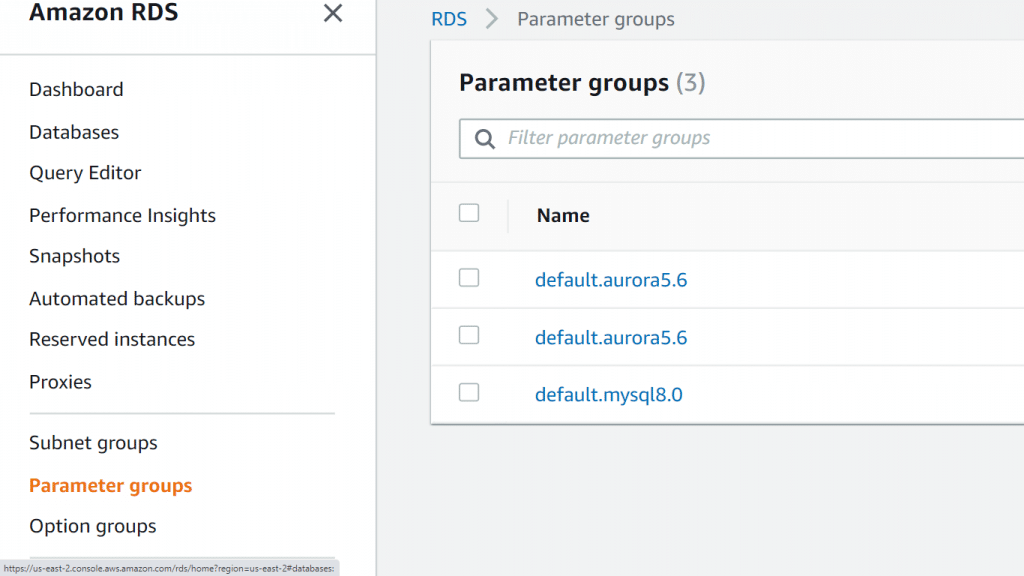 AWS RDS Parameter Group - Parameter Groups Section